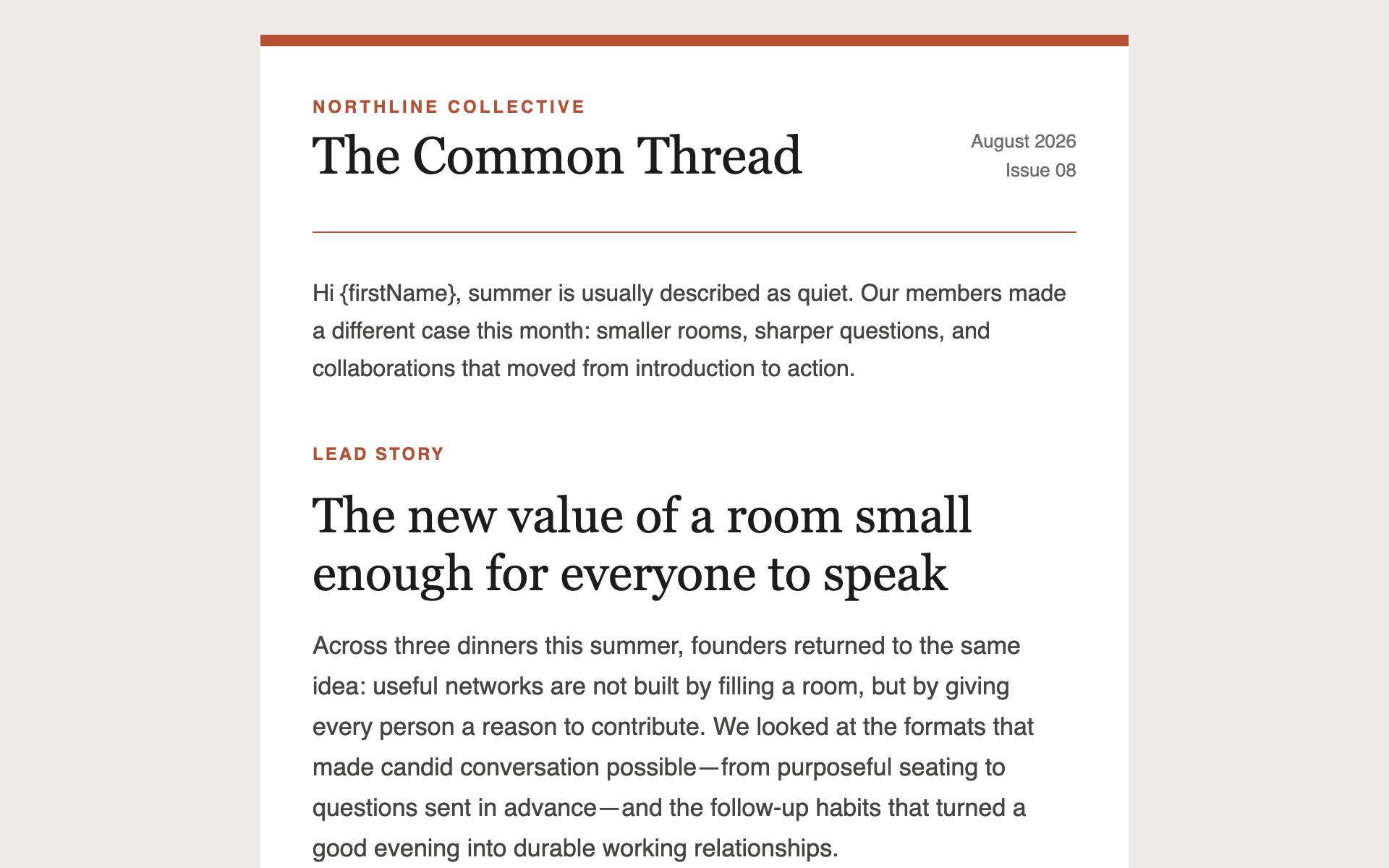 A rendered monthly newsletter with a masthead, three story blocks separated by hairline rules, and a footer.