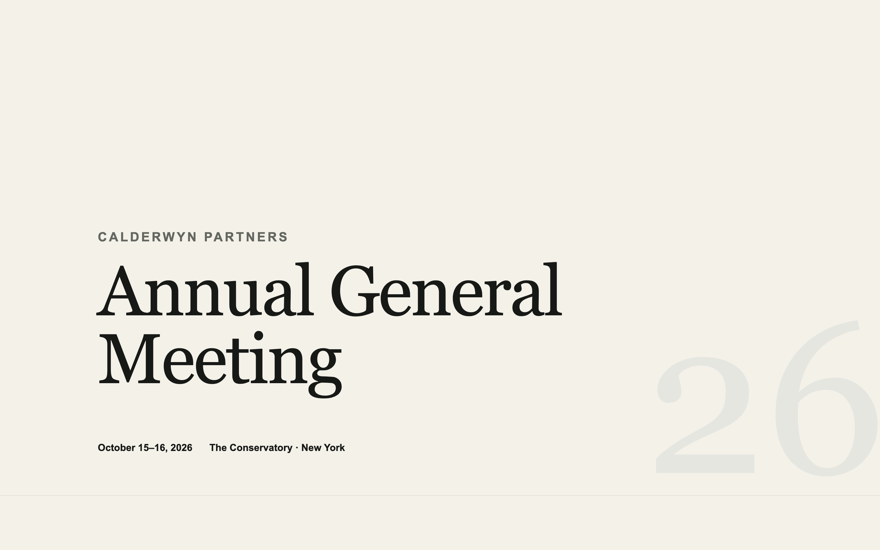 An AGM landing page with a restrained typographic hero, a two-day agenda, a speaker grid, and a travel and accommodation section.