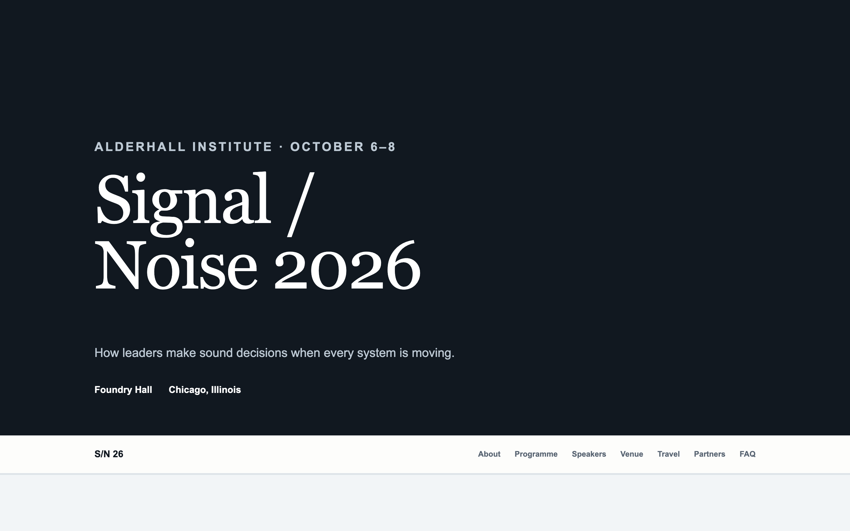A conference microsite with a sticky top navigation highlighting the active section, and long-form content sections below.