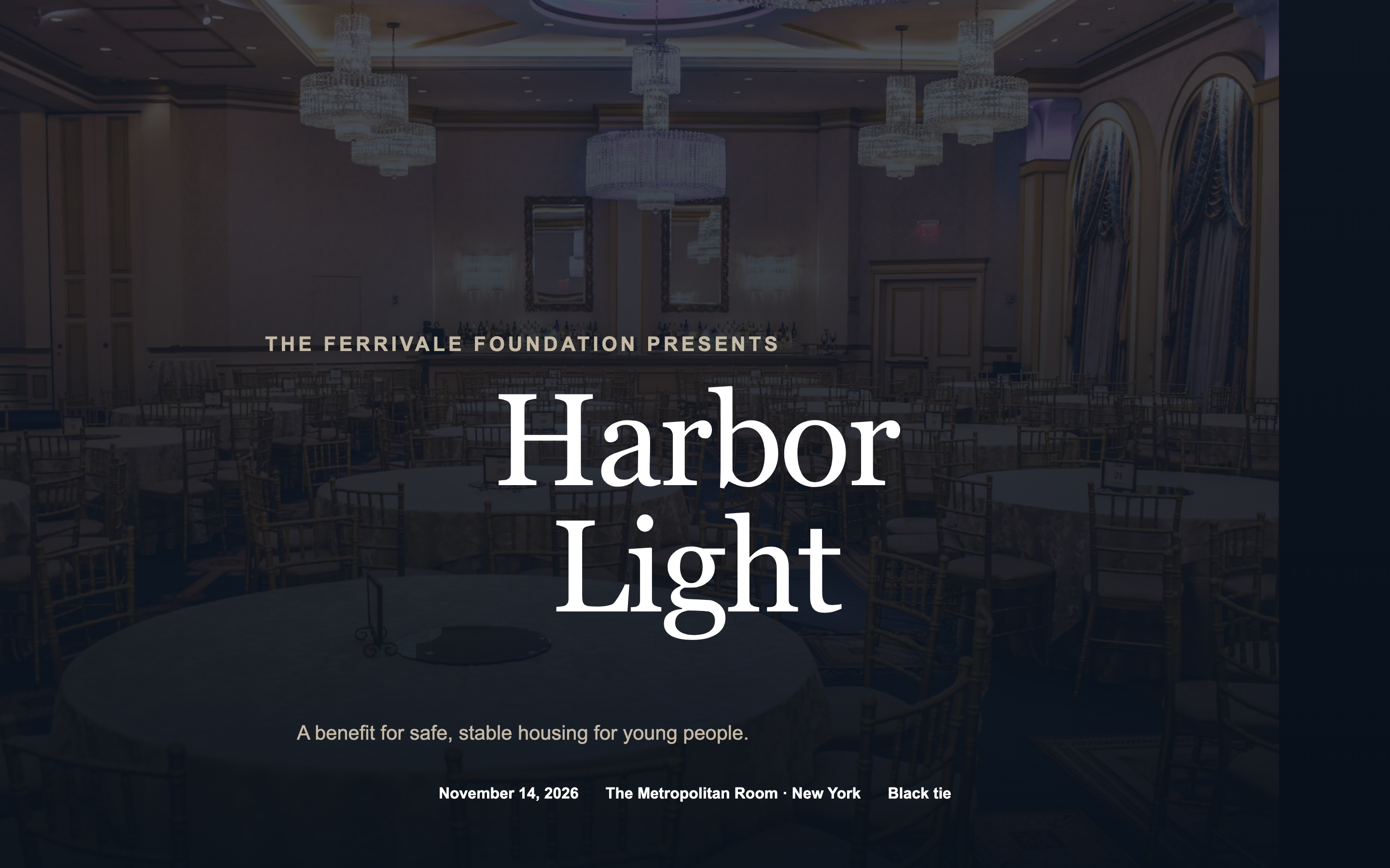 A gala landing page with a dark full-bleed hero, an honoree portrait section, tiered sponsor recognition, and a table pricing block.