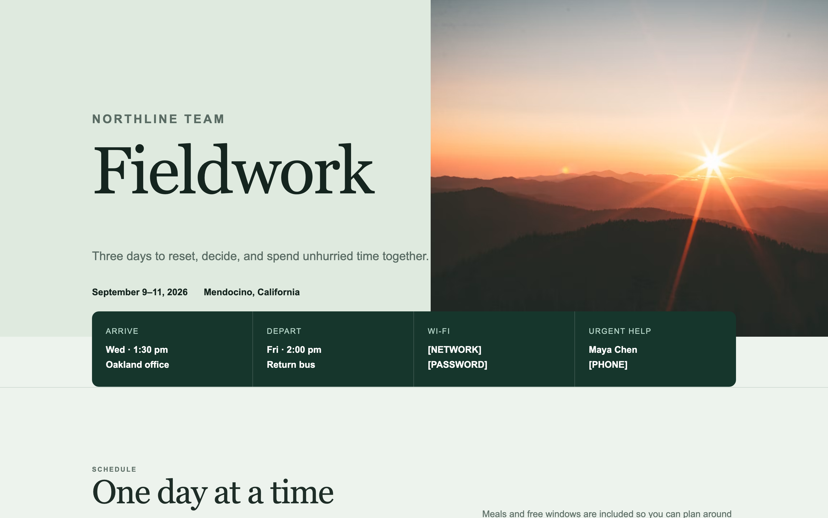 A team offsite page with a location photograph, a day-by-day schedule, a packing checklist, and travel details.