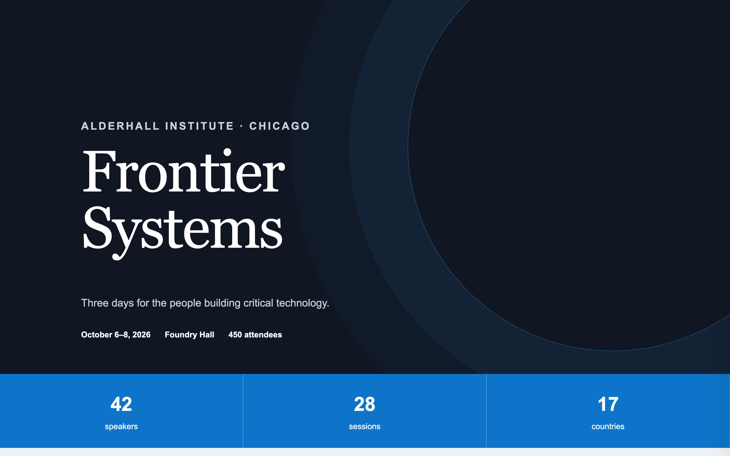 A summit landing page with a bold hero, a tabbed two-day agenda, a speaker grid, and tiered sponsor logos.