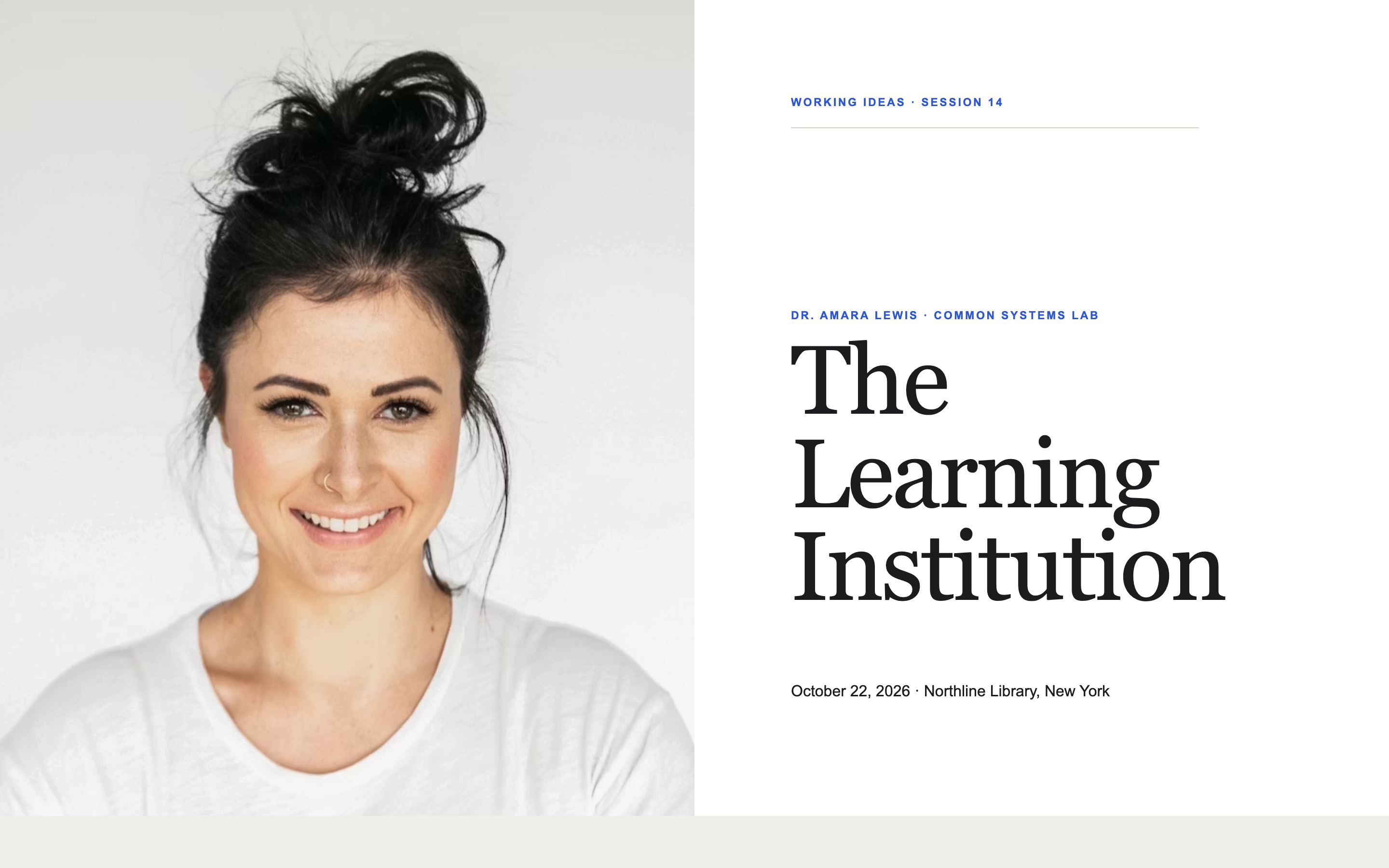 A speaker series page with a large speaker portrait, session title, and a horizontal strip of past episodes below.