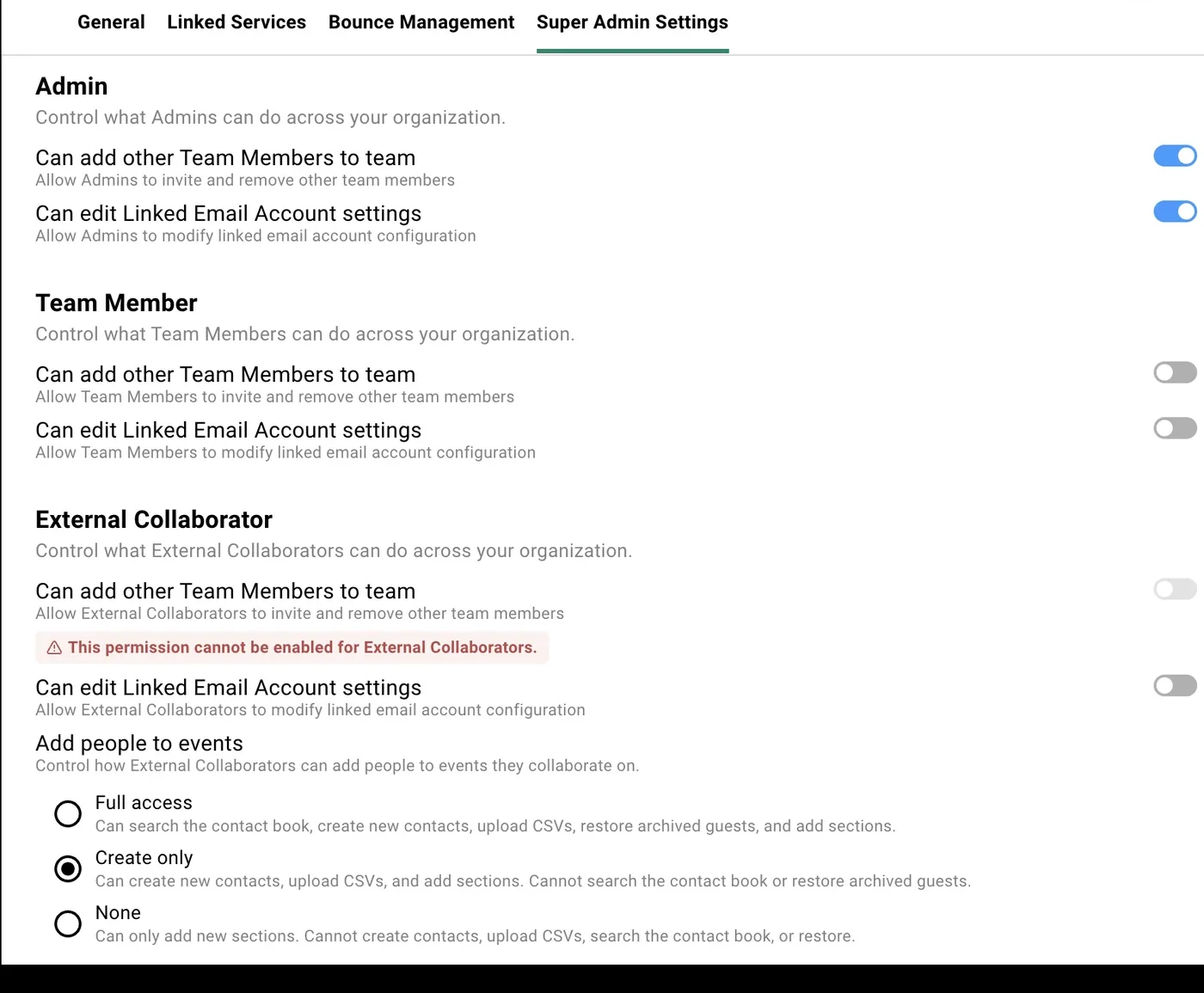 Super Admin Settings tab in Team Settings showing permission toggles for Admin, Team Member, and External Collaborator roles, plus the Add people to events picker with Full access, Create only, and None options