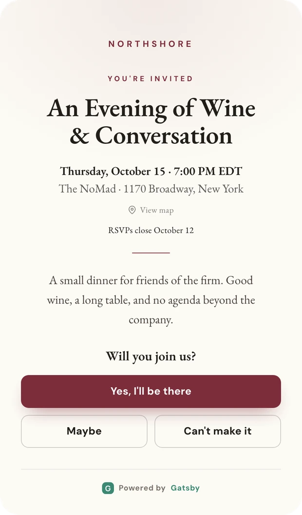 The Dinner template. A cream invitation reading An Evening of Wine and Conversation, with the date, venue, and Yes, Maybe, and Can't make it buttons.