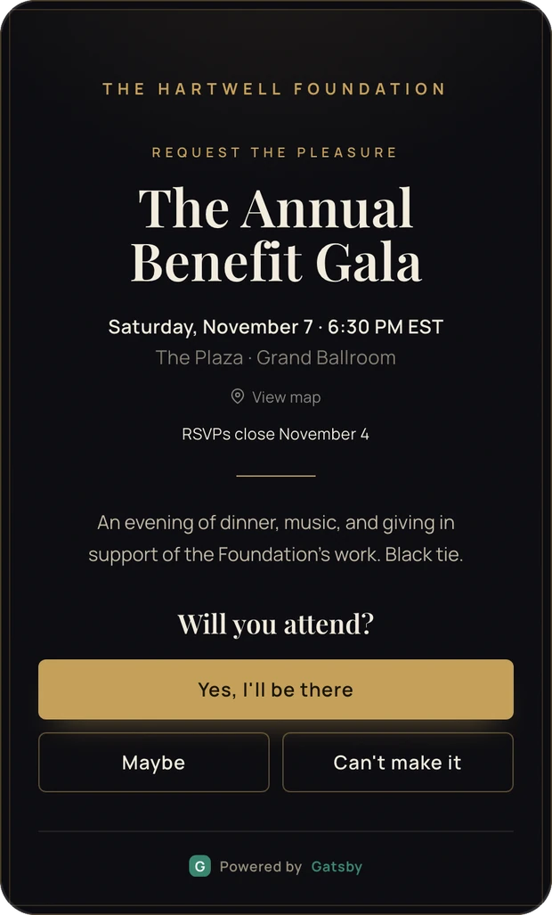 The Gala template. A black invitation reading The Annual Benefit Gala with a gold accent.