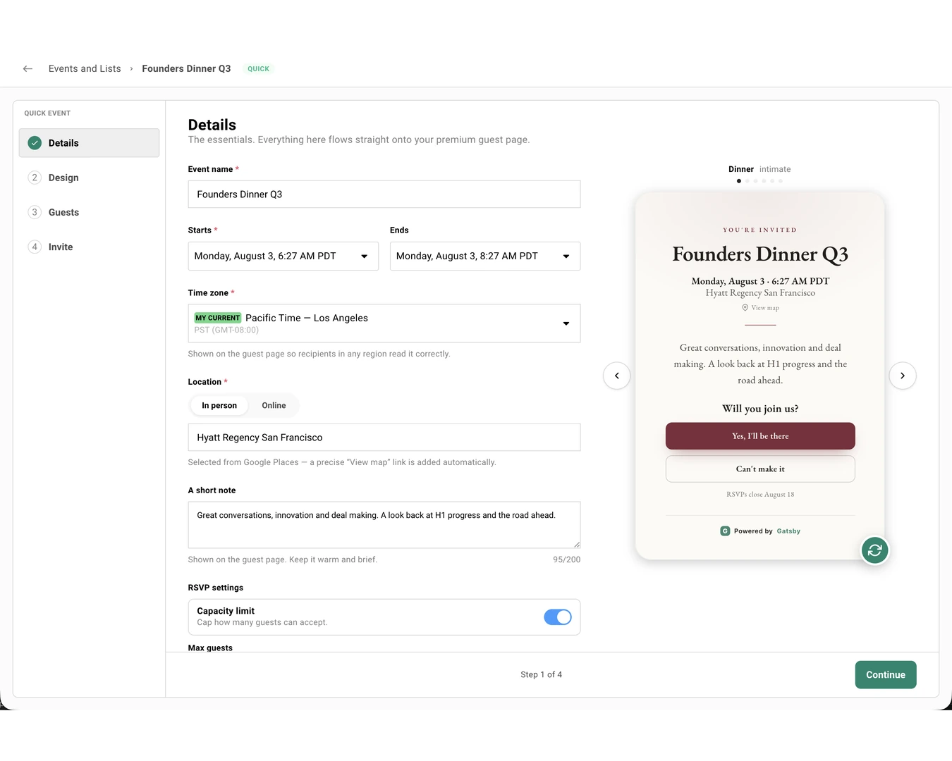 The Details step of a quick event, with the four-step sidebar on the left and fields for event name, start and end times, a timezone marked as your current one, an in-person location chosen from Google Places, a short note with a character counter, and a Capacity limit toggle, beside a live preview of the guest invitation.