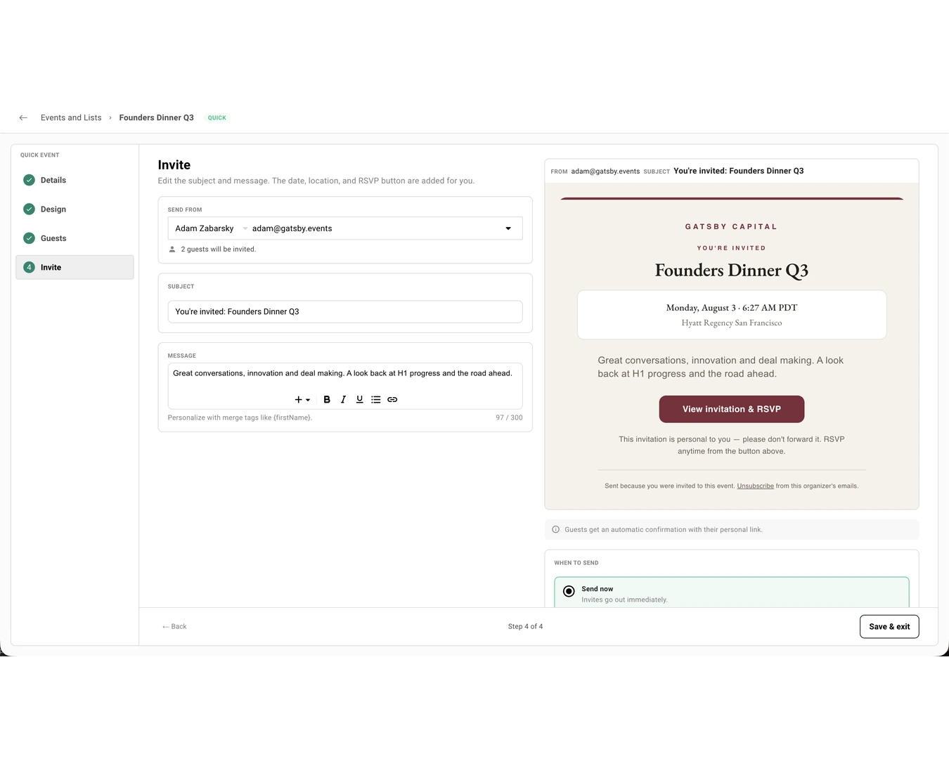 The Invite step, with Send from, Subject, and Message fields on the left including a merge-tag hint and character counter, beside a live preview of the invitation email showing the event name, date, venue, and a View invitation and RSVP button.