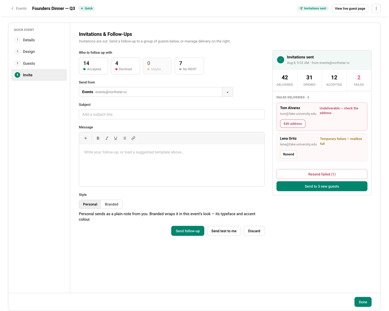 Invitations and Follow-Ups showing Accepted, Declined, Maybe, and No RSVP groups with counts, a subject and message composer with a Personal and Branded toggle, and a delivery panel reading 42 delivered, 31 opened, 12 accepted, and 2 failed with per-recipient failure reasons.