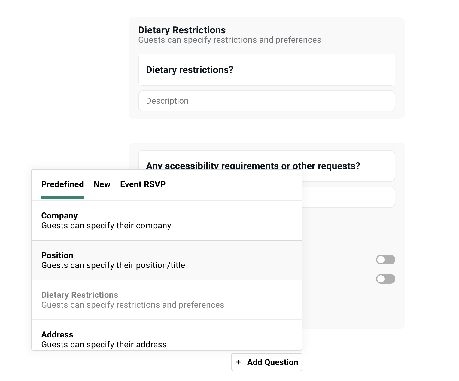 Adding questions to an event registration form